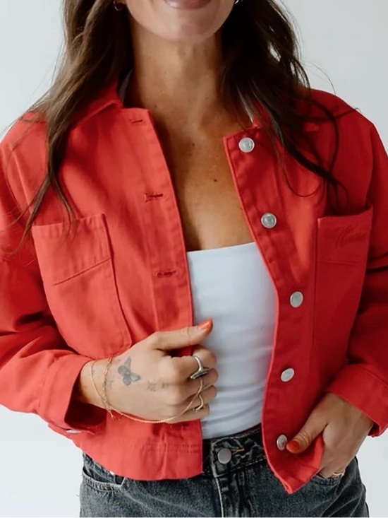 Gameday Social Apparel Jackets & Blazers - Gameday Wisconsin Badgers Sanders Oversized Cropped Denim Twill Jacket Red Sz L